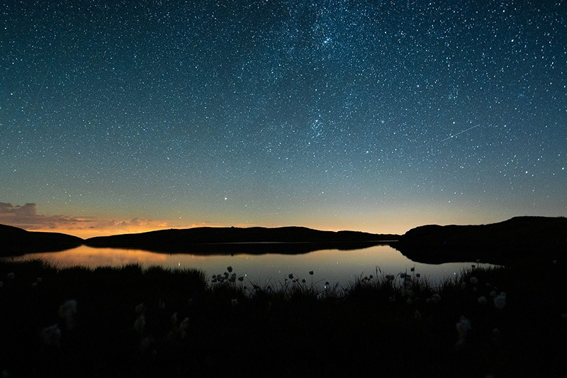 A serene mountain landscape under a starry night sky, symbolizing the fixed stars in astrology.